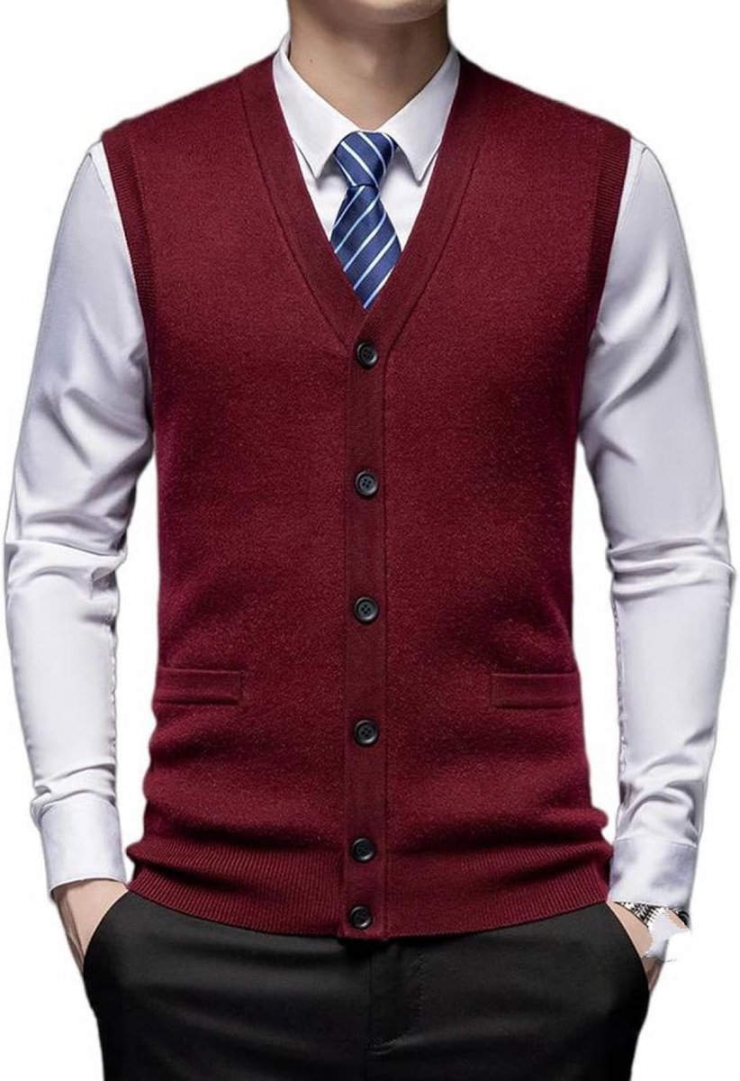 Vest Voor Heren Met V-Hals, Jeugdmode Verdikt Gebreid Vest Bovenkleding Casual Trendy Trui, Klassiek Zakelijk Heren Gebreide Vest Trui Vest Tanktops,Wijnrood,S
