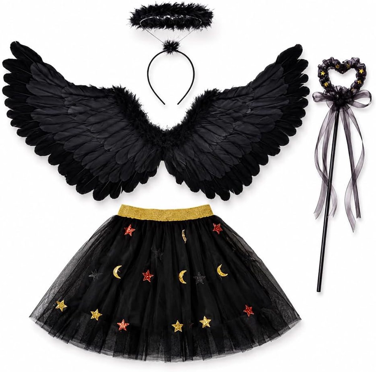 Engelkostuum voor kinderen, wit engelkostuum met engelenvleugels, tutu-rok, heiligsteen en toverstaf, engelkostuum voor meisjes, lengte 100-150 cm, voor Halloween, themafeest, carnaval