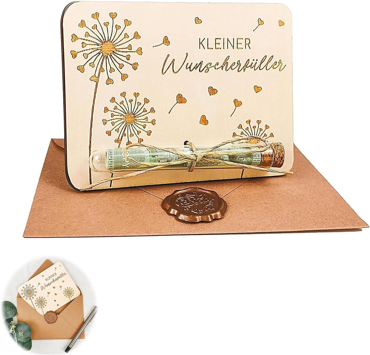 Houten wensvervuller – creatieve giftbox met proefbuis, envelop, zegel en touw – 16.5×11 cm – ideaal voor bruiloft, verjaardag, feest of kerstcadeau