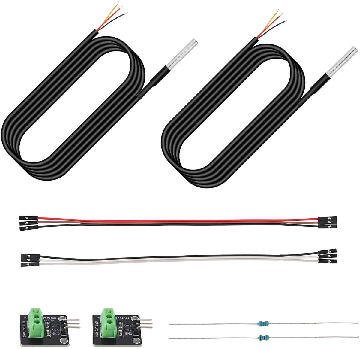 2-Delige Temperatuursensor-Sondekit, Waterdichte DS18B20 Temperatuursensor-Sonde met Weerstandsnaaldadapterpaneel en DuPont-Draad voor Arduino Raspberry Pi Doe-Het-Zelfprojecten