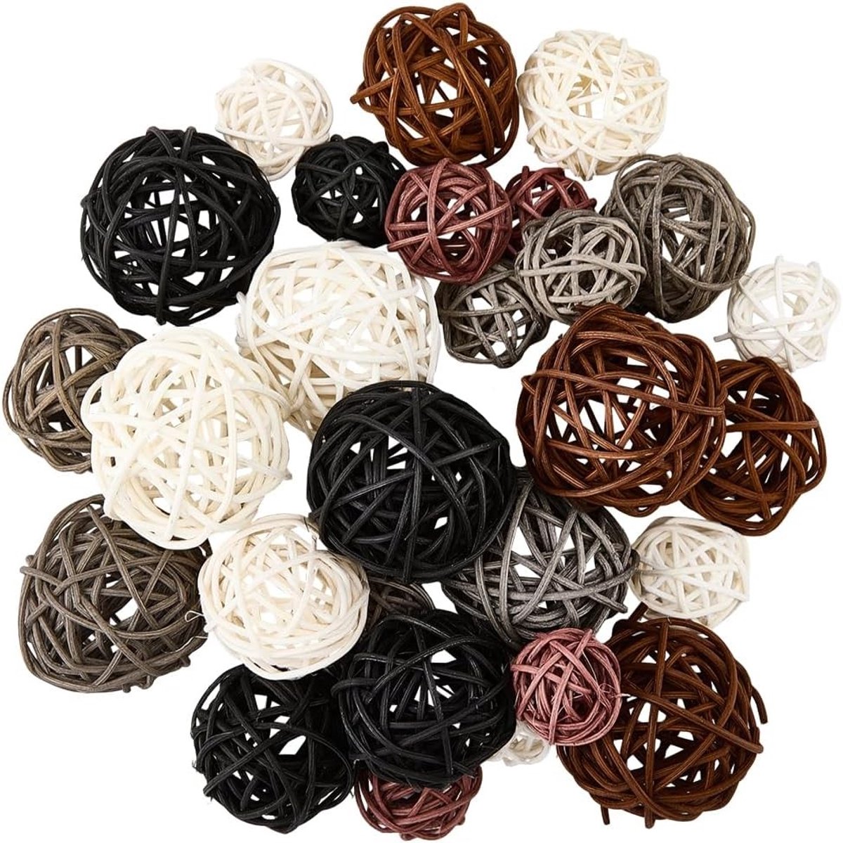 12 Stijlen Rieten Ballen - 32 Stuks Decoratieve Ronde Ballen voor Tafeldecoratie, Bruiloften en DIY Ambachten in Zwart, Wit en Bruin