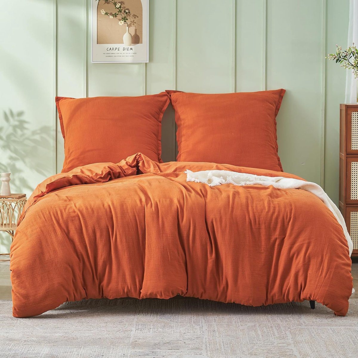 Katoenen mousseline bedlinnen, extra zachte en ademende bedlinnenset, OEKO-TEX dekbedovertrek met ritssluiting, 155 * 220cm, Verbrand Oranje
