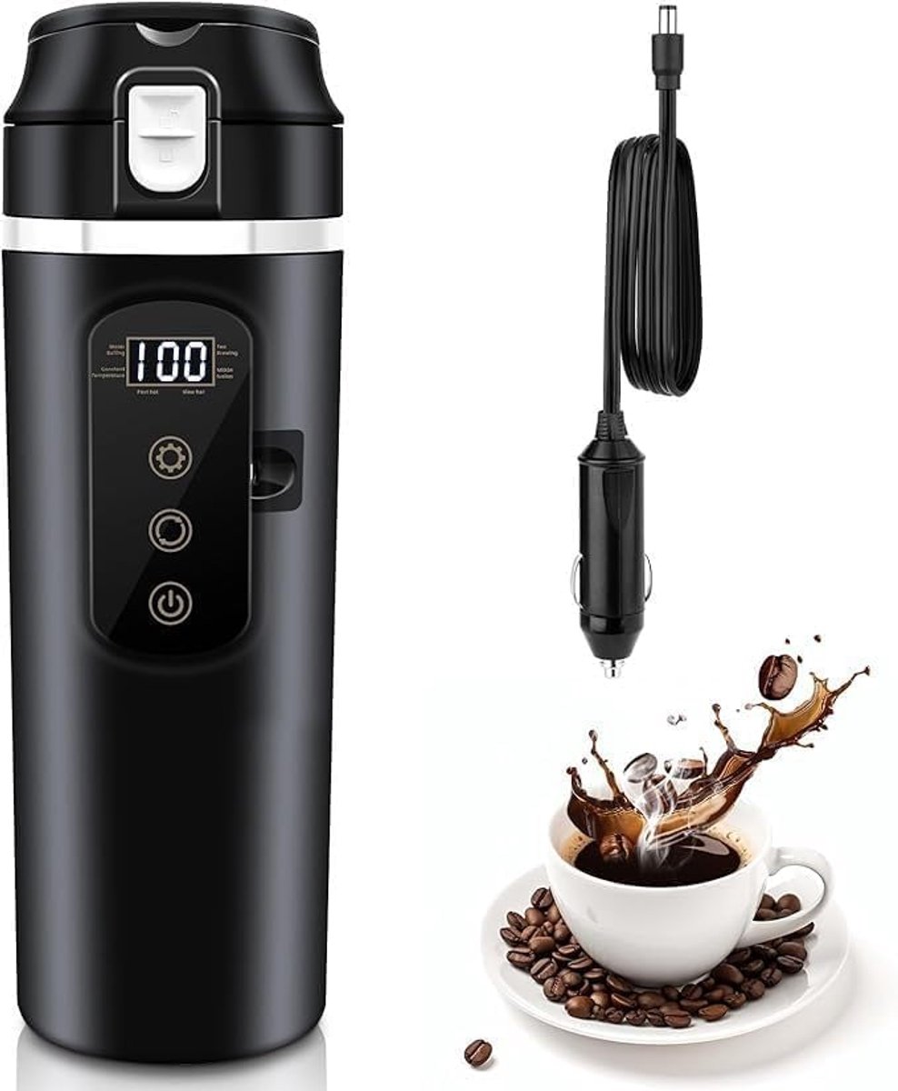 Elektrische waterkoker voor op reis, DC 12 V/24 V, 500 ml, lekvrij, 304 roestvrijstalen voering, draagbare koffie- en theekop, tot 100 °C, variabele temperatuurregeling
