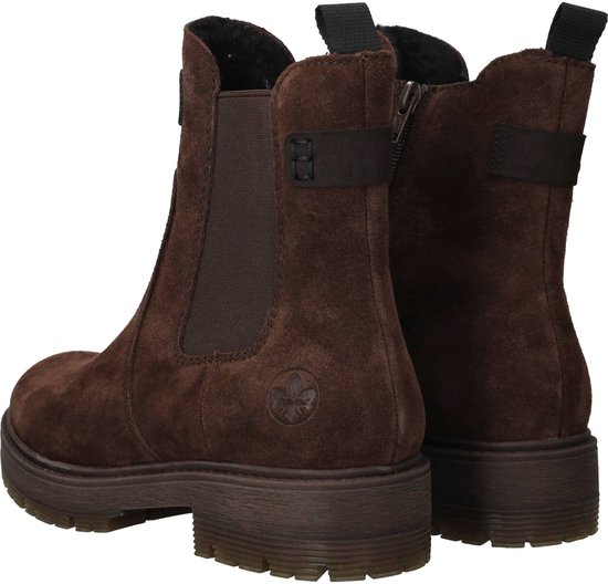 Bruine suède Rieker chelseaboots met elastische zijpanelen en gespdetails.