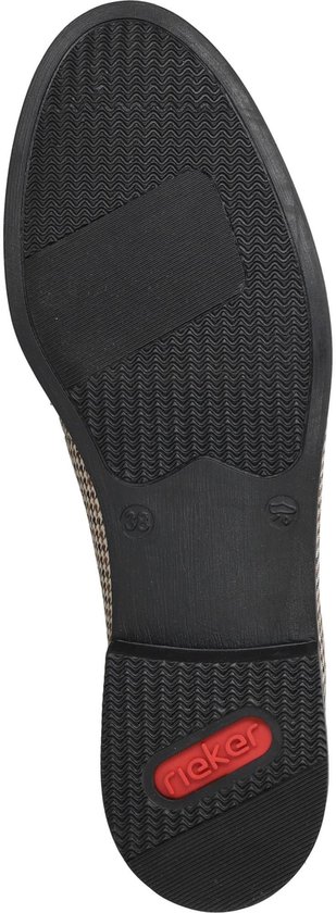 Zool van een damesloafer van Rieker met pied-de-poule patroon, bruin en zwart.