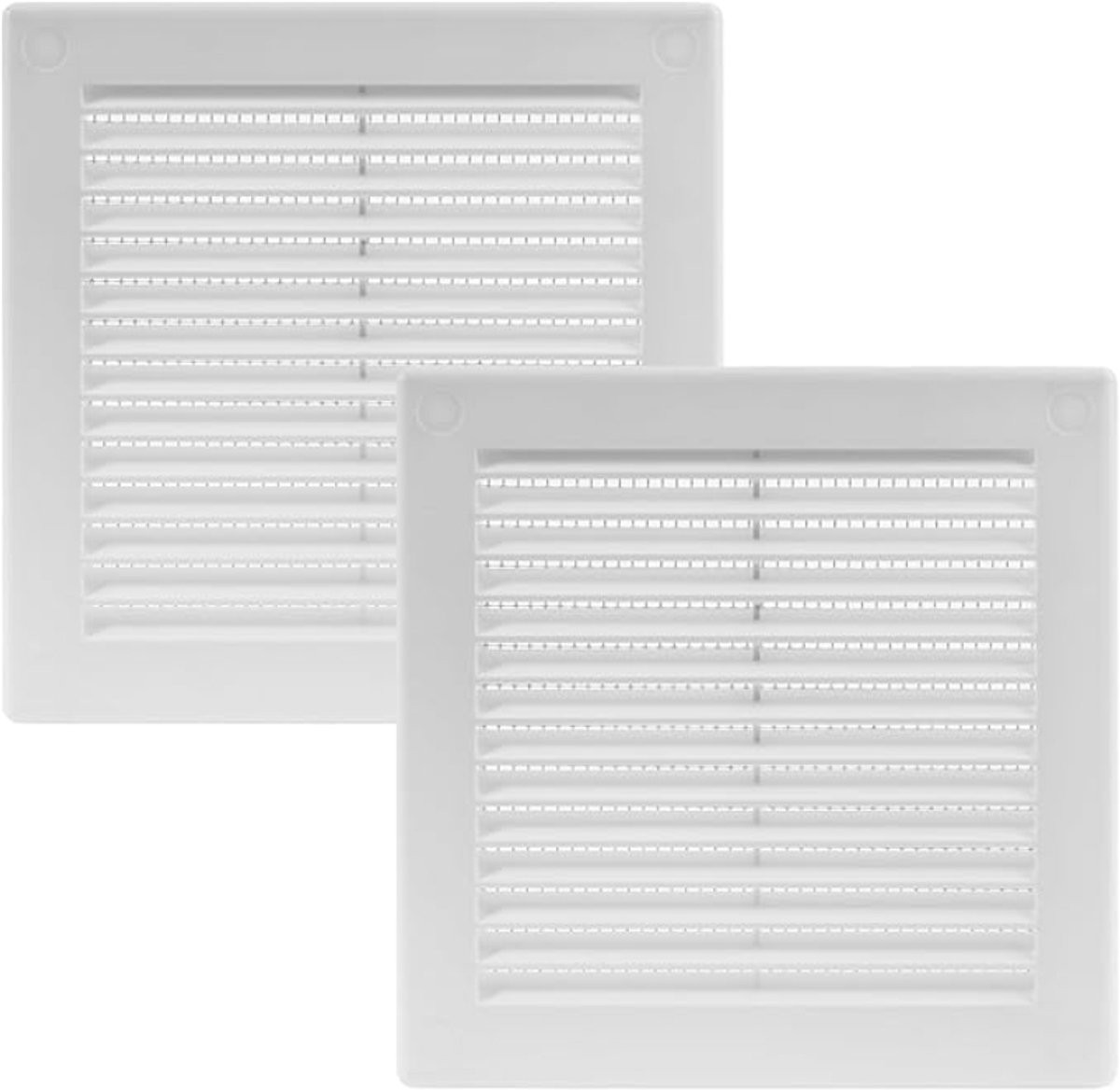 Ventilatierooster 150x150 mm wit met vliegengaas – 2 stuks, plat vierkant rooster voor badkamer en thuiskantoor