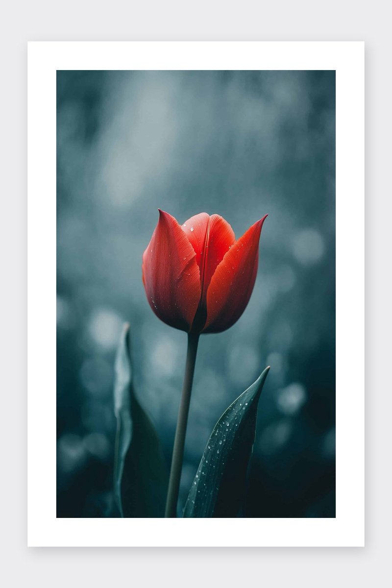 Tulp Poster - Rood - Popkleur - Bloemen - Dauw - Natuur - Plant - posters - formaat 30x40cm - Wanddecoratie - BXS4442KMD - Met kader - passe-partouts stijl