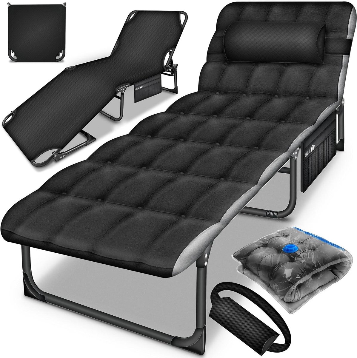 Camping Bed - Vouwbed Gastenbed - Ontspannen Buiten - Inclusief Neksteun - 190x68x32 cm - Zwart Grijs