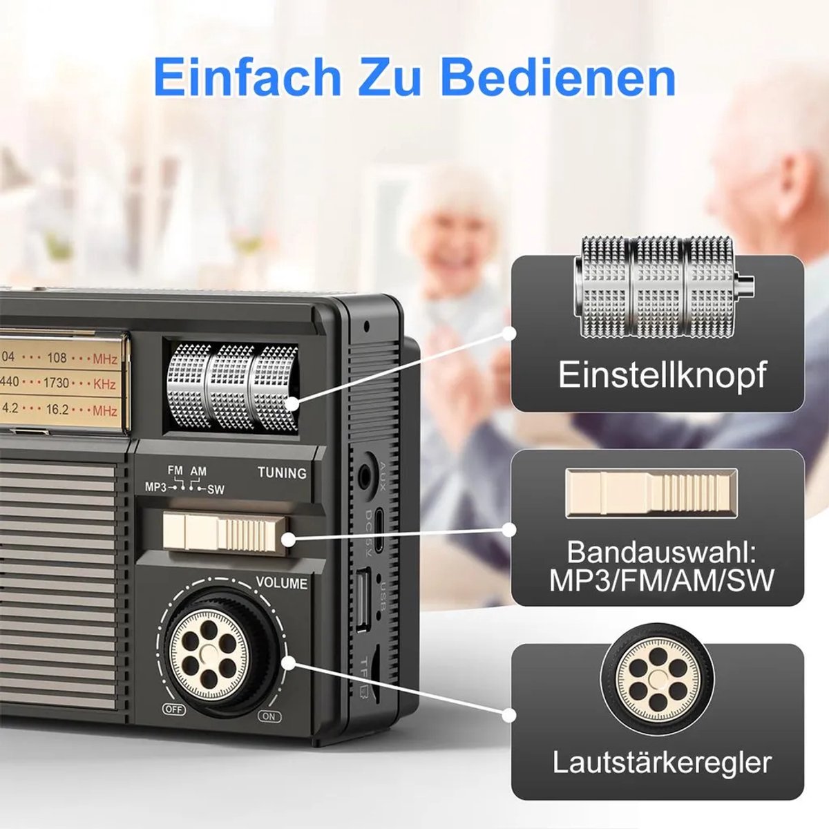 AM/FM/SW-radio op zonne-energie geschikt voor uitstekende ontvangst van wereldwijde zenders. Draagbare radio geschikt voor Bluetooth 6.0 en ondersteuning geschikt voor AUX/USB/TF-kaartweergave, geschikt voor senioren.