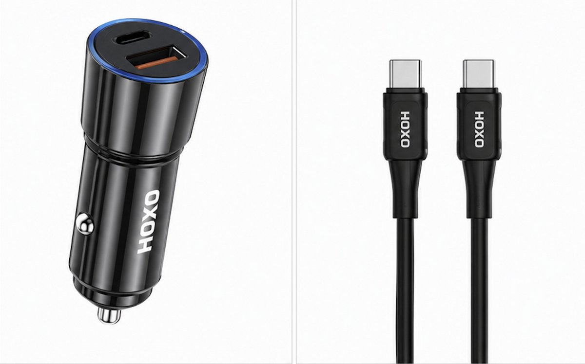 HOXO 38W 2-in-1 Autolader – USB-C PD + USB-A – Inclusief 1M USB-C naar USB-C Kabel – Snellader – Zwart