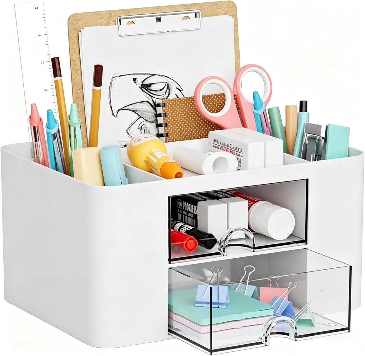 Multifunctionele Bureau Organizer met 7 Compartimenten en 2 Lades voor Kantooraccessoires en Pennen