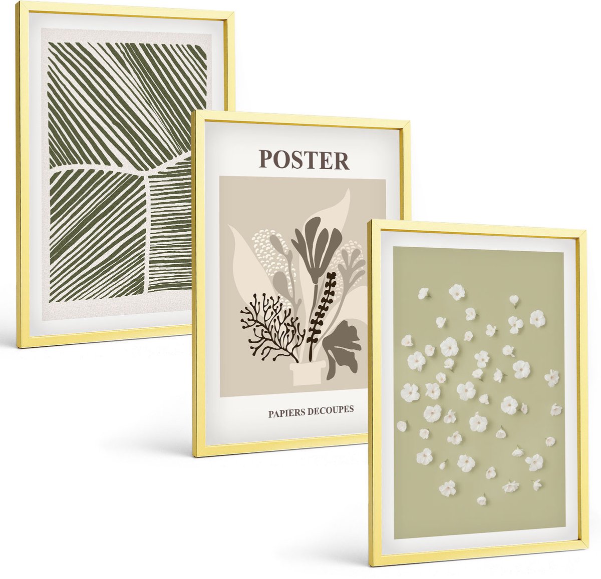 Coloray 3-Delige Schilderij Set - Plantmotieven In Ingetogen Kleuren En Patronen. - 40 x 40 cm En 40 x 60 cm - Stijlvolle Wanddecoratie - Interieur