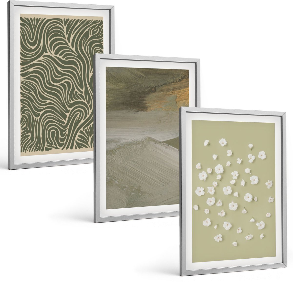 Coloray 3-Delige Schilderij Set - Golvende En Abstracte Patronen Met Boho-Bloemen - 40 x 60 cm - Muurdecoratie - Schilderijen Set - Woonkamer