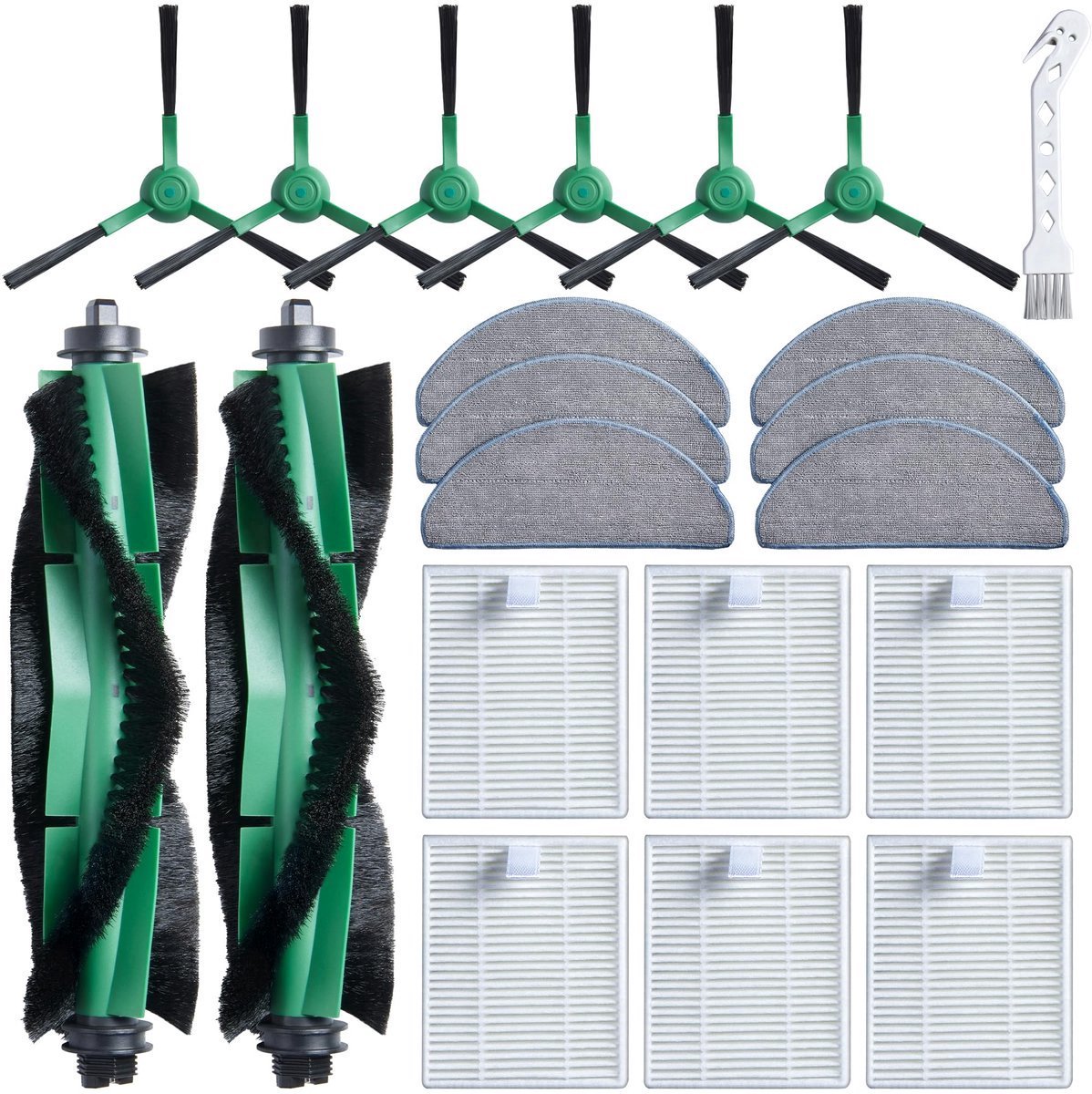 Accessoireset geschikt voor iRobot Y0110/Y0112/Y0140/Q0120/Q0110 robotstofzuigers - vervanging voor Roomba Essential - reserveonderdelen - Onderhoudsset - 6 filters - 6 dweilpads - 1 reinigingsborstel - 2 handborstels - 6 zijborstels
