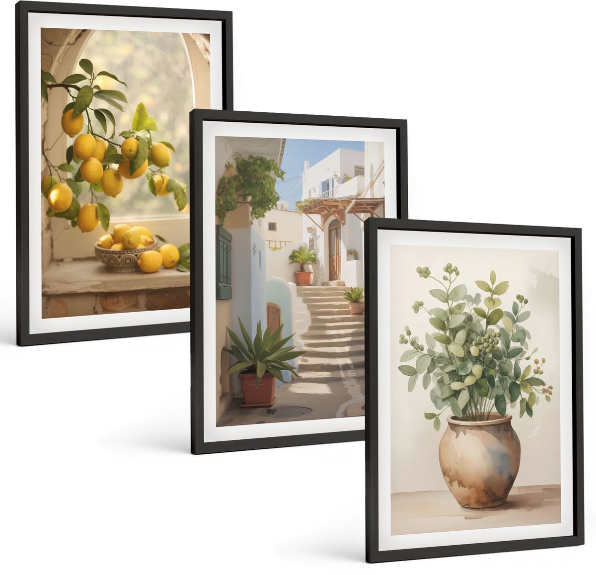 Coloray 3-Delige Schilderij Set - Citroenen In Een Vaas En Planten In Een Witte Architectuur - 40 x 60 cm - Muurdecoratie - Schilderijen Set - Woonkamer - Interieur Decoratie