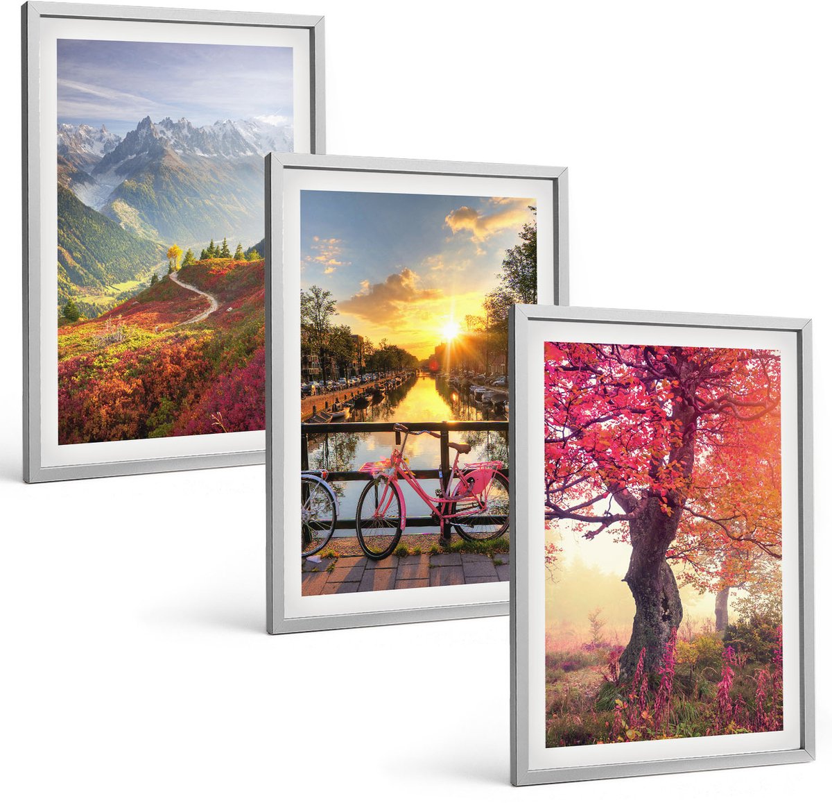 Coloray 3-Delige Schilderij Set - Berglandschappen Met Een Fiets En Een Herfstboom - 40 x 60 cm - Wanddecoratie - Schilderijen Set - Interieur