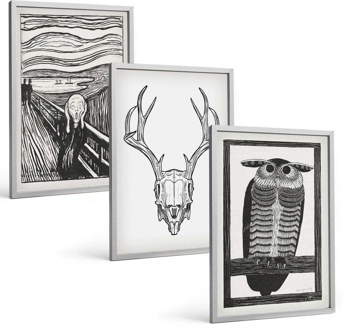 Coloray 3-Delige Schilderij Set - Inspiratiebeeld: Schreeuw Met Schedel En Uil In Grafische Stijl - 40 x 60 cm - Stijlvolle Wanddecoratie - Interieur - Decoratieve Schilderijen
