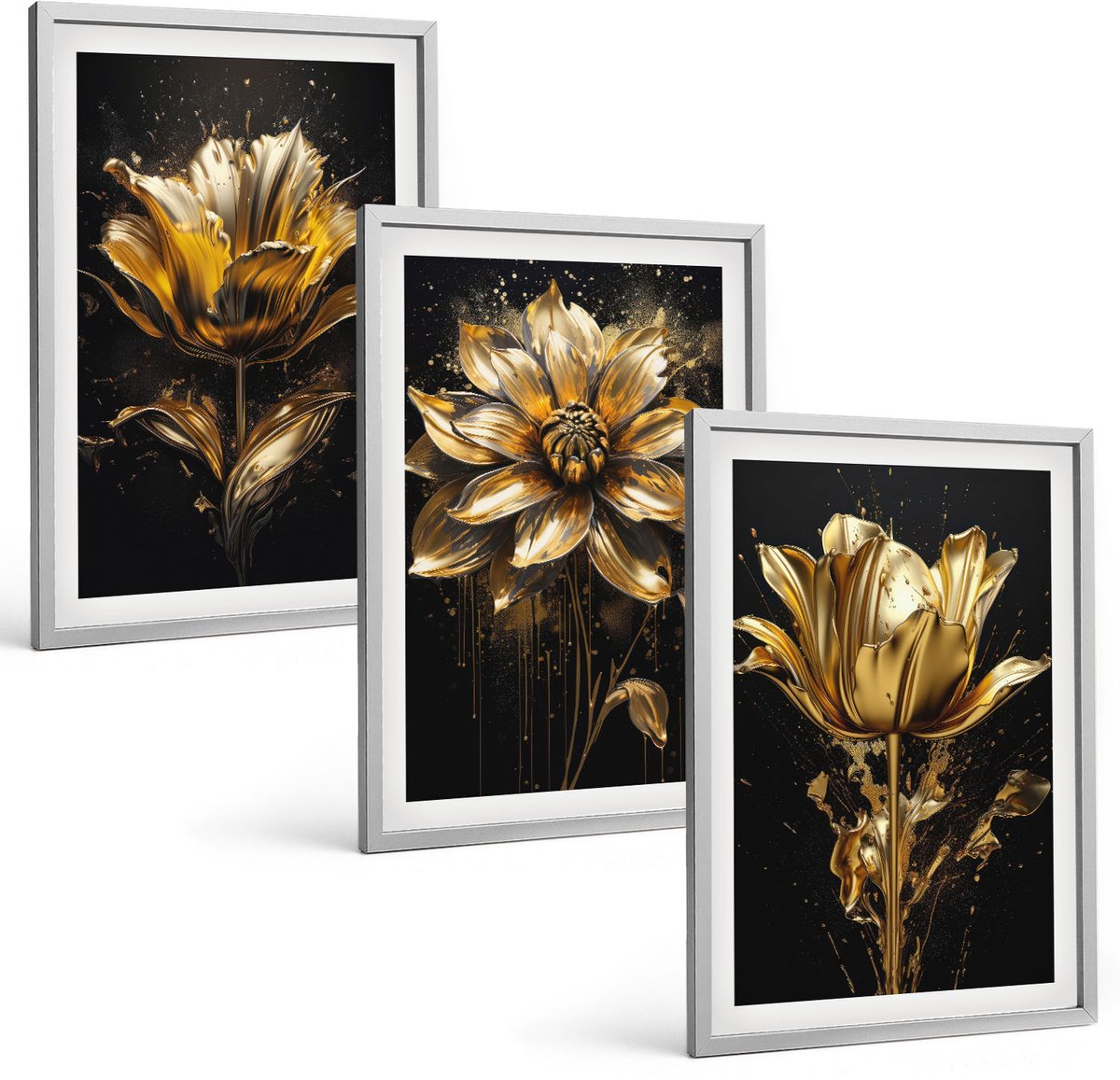 Coloray 3-Delige Schilderij Set - Bloemen In Verschillende Tinten Geel Op Een Donkere Achtergrond - 40 x 60 cm - Wanddecoratie - Muurdecoratie - Moderne Interieurdecoratie - Moderne Wanddecoratie