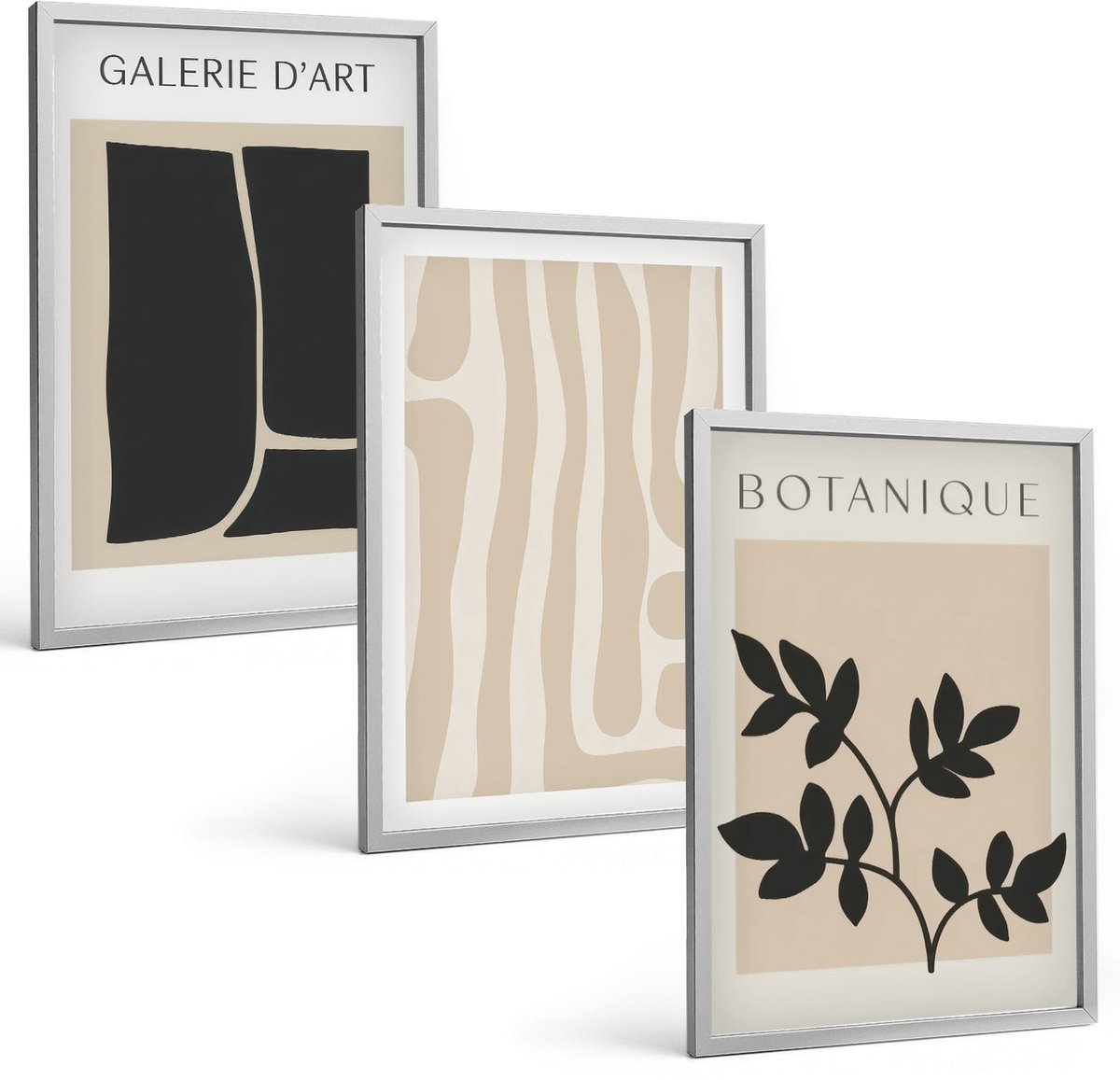 Coloray 3-Delige Schilderij Set - Abstracte Vormen En Plantmotieven In Neutrale Tinten. - 40 x 60 cm - Decoratieve Muurdecoratie - Slaapkamer - Stijlvolle Muurdecoratie