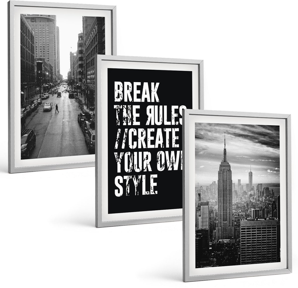 Coloray 3-Delige Schilderij Set - Stadsstraten In Zwart-Wit Met Inspirerende Letters - 40 x 60 cm - Stijlvolle Muurdecoratie - Slaapkamer - Moderne Wanddecoratie