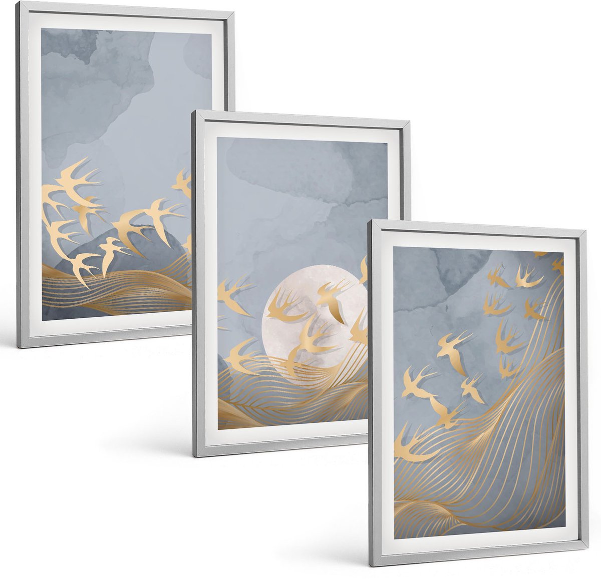 Coloray 3-Delige Schilderij Set - Vogels In Vlucht Tegen De Hemel En De Maan. - 40 x 60 cm - Moderne Wanddecoratie - Slaapkamer