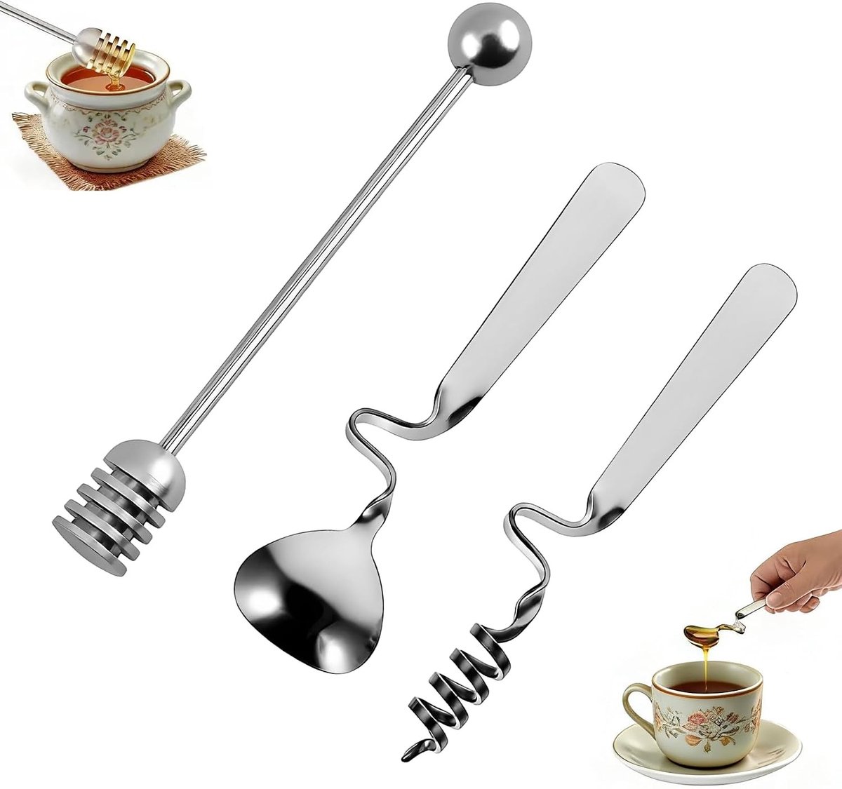 Set van 3 duurzame roestvrijstalen honinglepels, ideaal voor jam, honing en desserts, perfect voor ontbijt en siropen