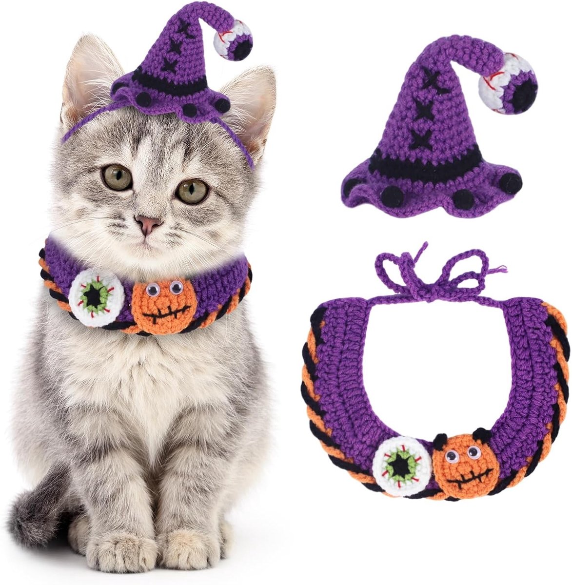 Halloween Kostuum Set voor Katten en Kleine Honden - Verstelbare Gebreide Hoed, Sjaal en Schattige Pompoen & Heks Print Outfit voor Huisdieren