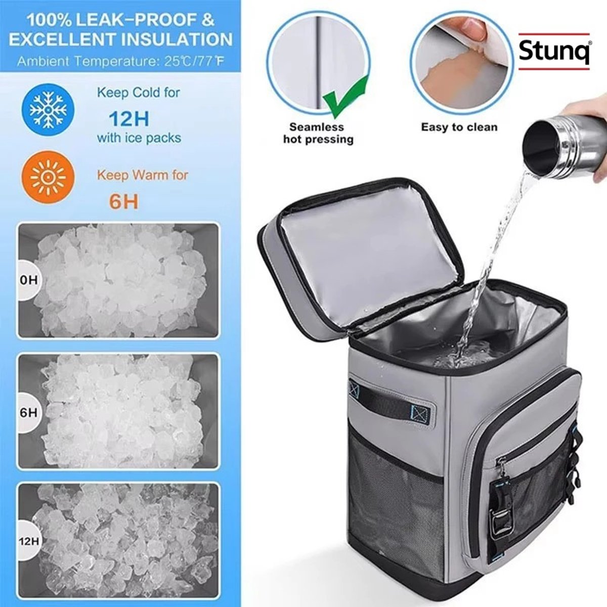 Stunq® 30L Waterdichte Geïsoleerde Koeler Rugzak Grijs - Lekvrij voor Camping Strand Picknick