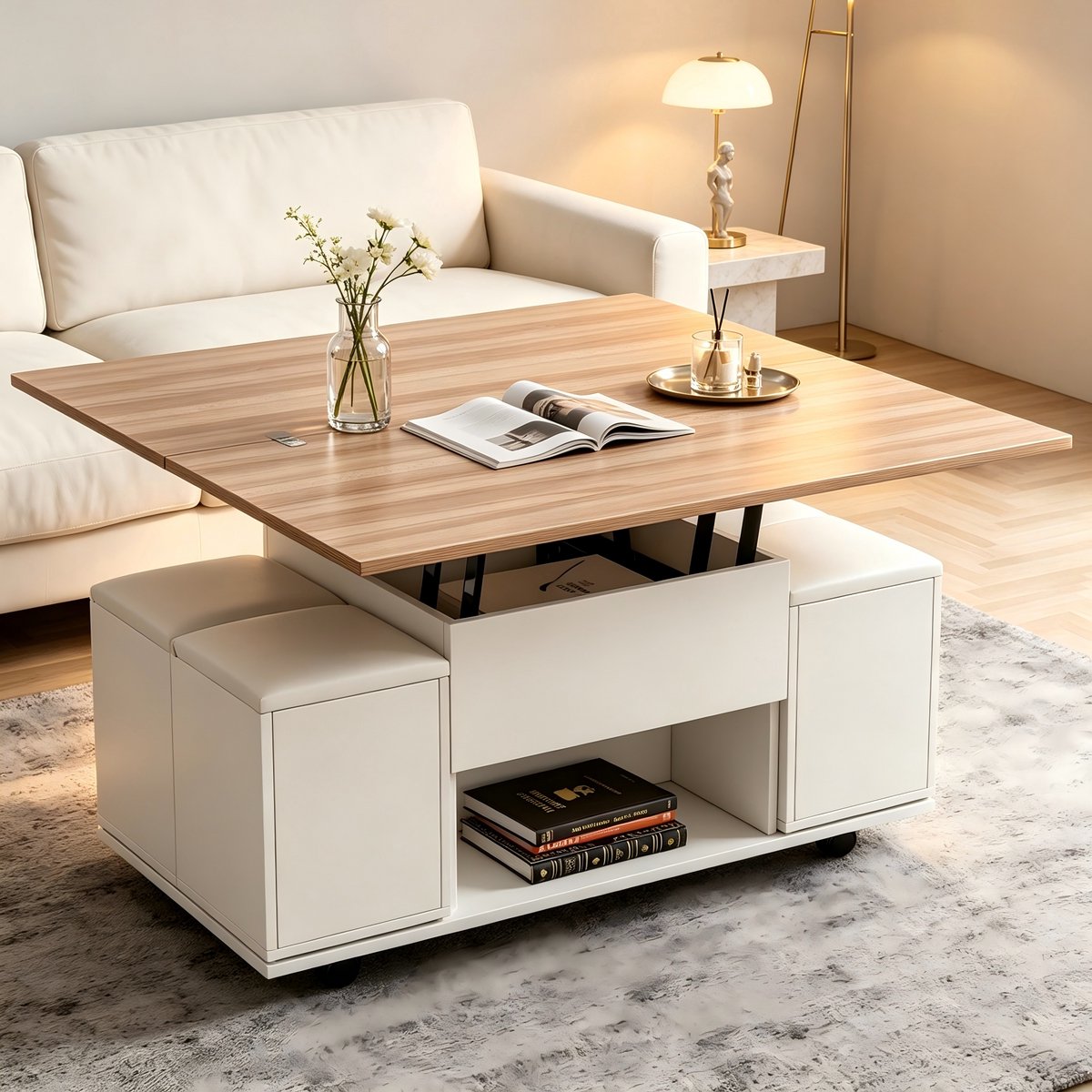 REDOM - Salontafel - Hoogteverstelbaar - 3-in-1 opklapbaar blad - Met opbergruimte en 4 hockers - Moderne stijl - Woonkamer - Spaanplaat - Wit - Houtkleur - 100 x 50 x 48 cm