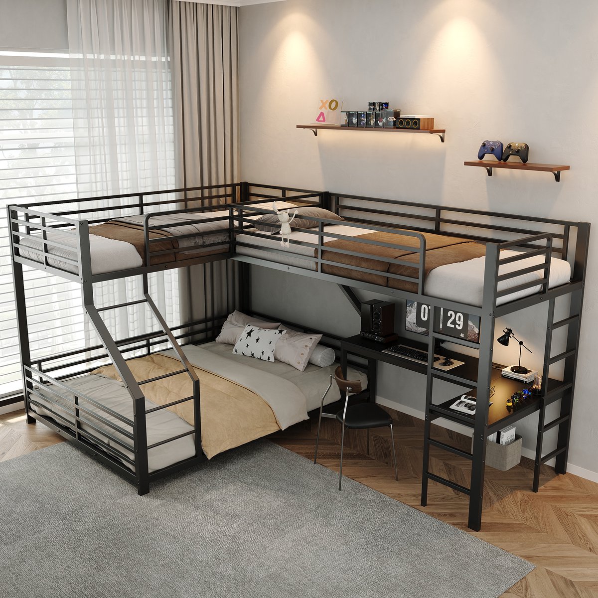 REDOM - Stapelbed met 3 slaapplaatsen - Geïntegreerd bureau en dubbel stopcontact - Vaste ladder en veiligheidshekken - Metaal en MDF - Zwart - 298 x 204,5 x 175 cm