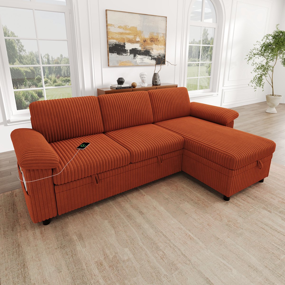 REDOM - Hoekbank - Slaapfunctie - Opbergruimte - Links/rechts wisselbare ottomane - USB- en Type-C-aansluiting - Corduroy - Oranje - 212 x 150 x 89 cm