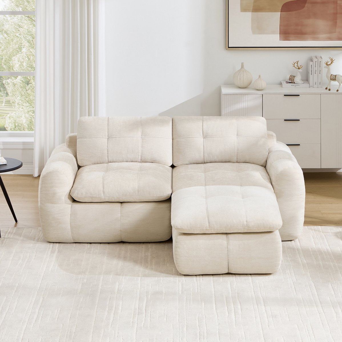 REDOM - Hoekbank - L-vormig modulair - 2-zits - Zonder montage - Gestept patroon - Woonkamer en appartement - Chenille - Beige - 194 x 160 x 68 cm