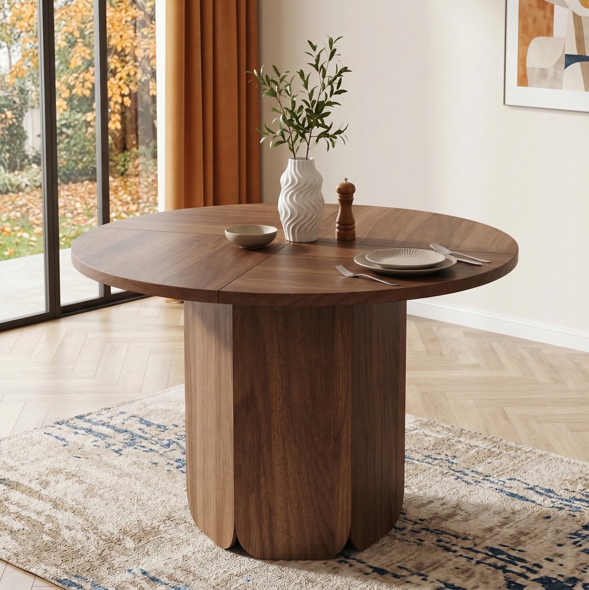 REDOM - Ronde eettafel - Diameter 120 cm - Geschikt voor 4-6 personen - Eenvoudige montage - Scandinavische stijl - Eetkamer, woonkamer en werkkamer - MDF - Walnoot - 120 x 120 x 75 cm