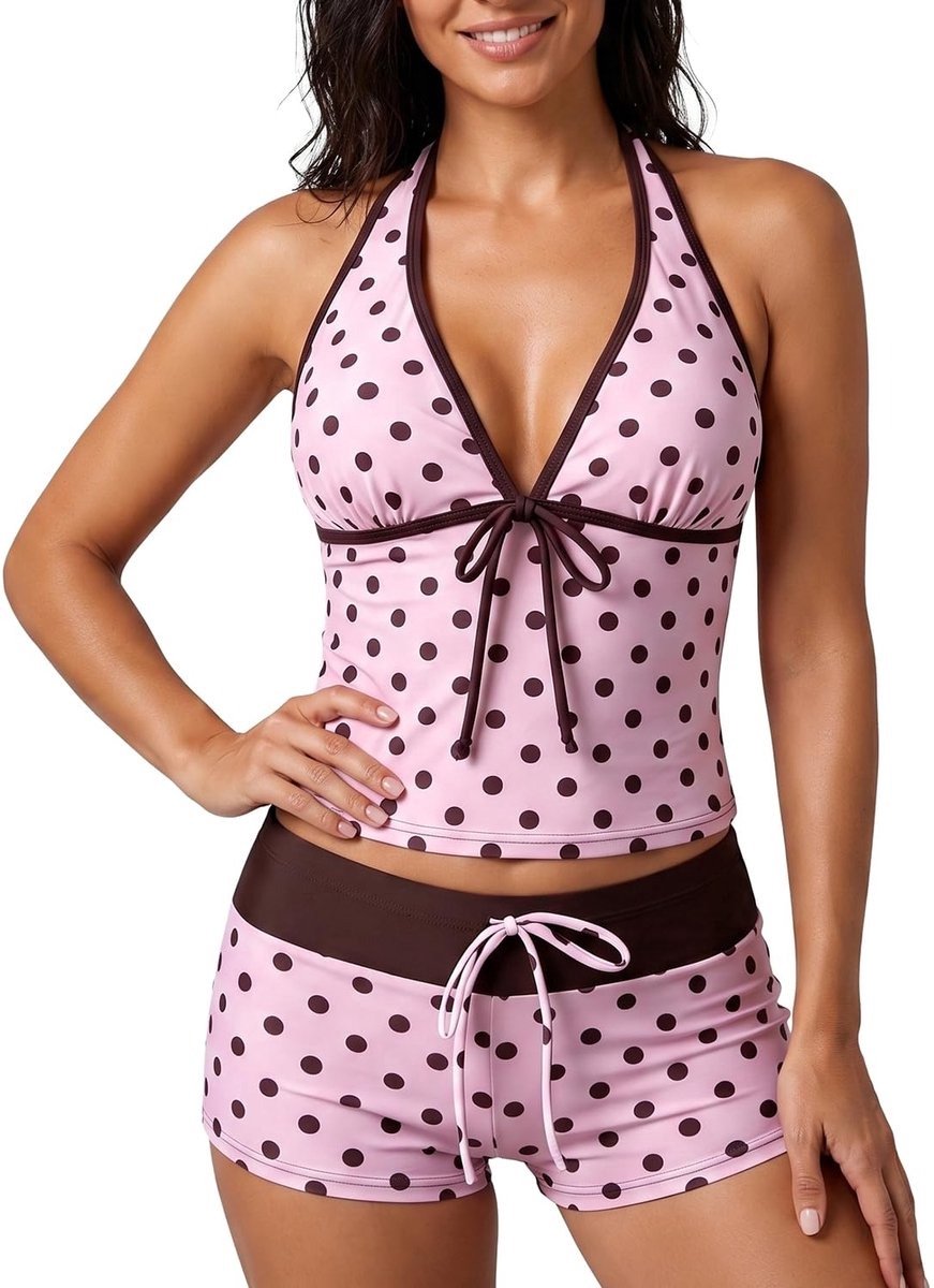 Y2K Vintage 2-delige Bikiniset - Coquette Halter Tankini Top met Shorts voor Dames - Polka Dot Retro Zwempak - Geschikt voor Strand, Zwembad en Zomervakantie - Cute & Trendy Badmode