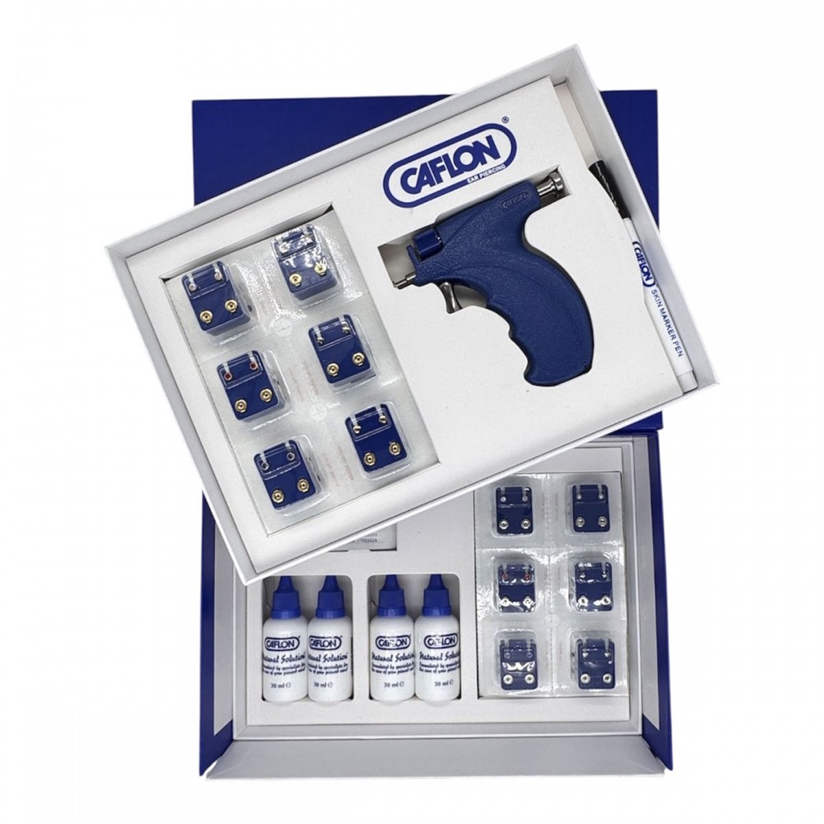 Caflon-Blu ear piercing Masterkit starterpakket voor het schieten van oorgaatjes met Gun, 24 paar assorted oorknopjes 316L staal, 4 flesjes lotion, 20 Steriele doekjes