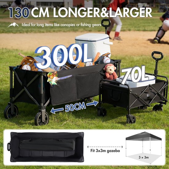 SnelShoppen - Opvouwbare Portal Bolderkar XXXL 400L - 160kg Belastbaar - Grote Handwagen met Bekerhouder en Zijvak - Ideaal voor Strand, Tuin, Camping van Snelshoppen — afbeelding 2