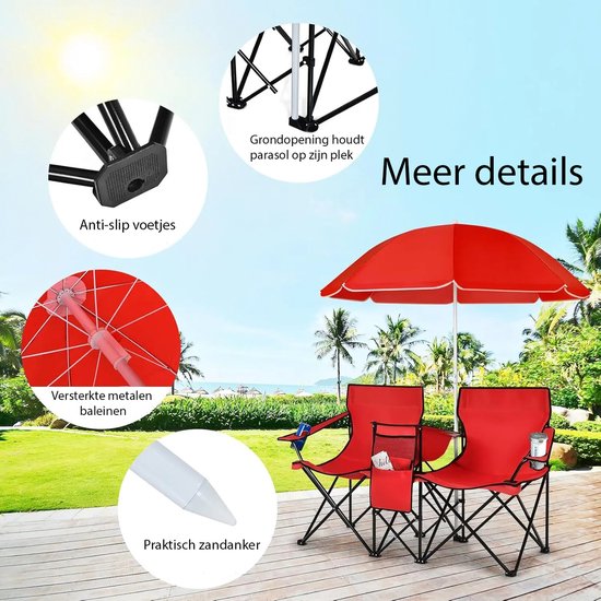 MokoHub 2-zits campingstoel - Kampeerstoelen met parasol - Opvouwbaar - Met bekerhouder - 160x55x85 cm - Rood — afbeelding 3