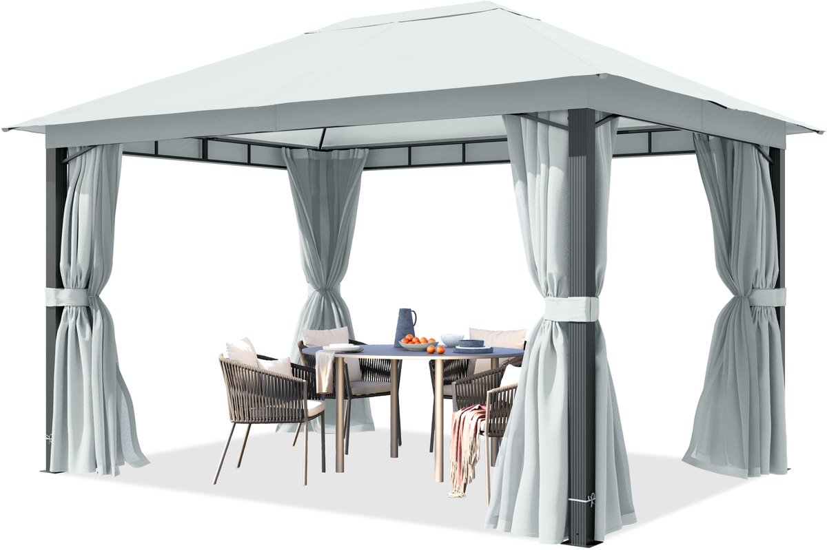 TOOLPORT Tuinpaviljoen 3x4 m, aluminium palen, dakdoek ca. 220 g/m², grijs- met zijwanden en muggennetten