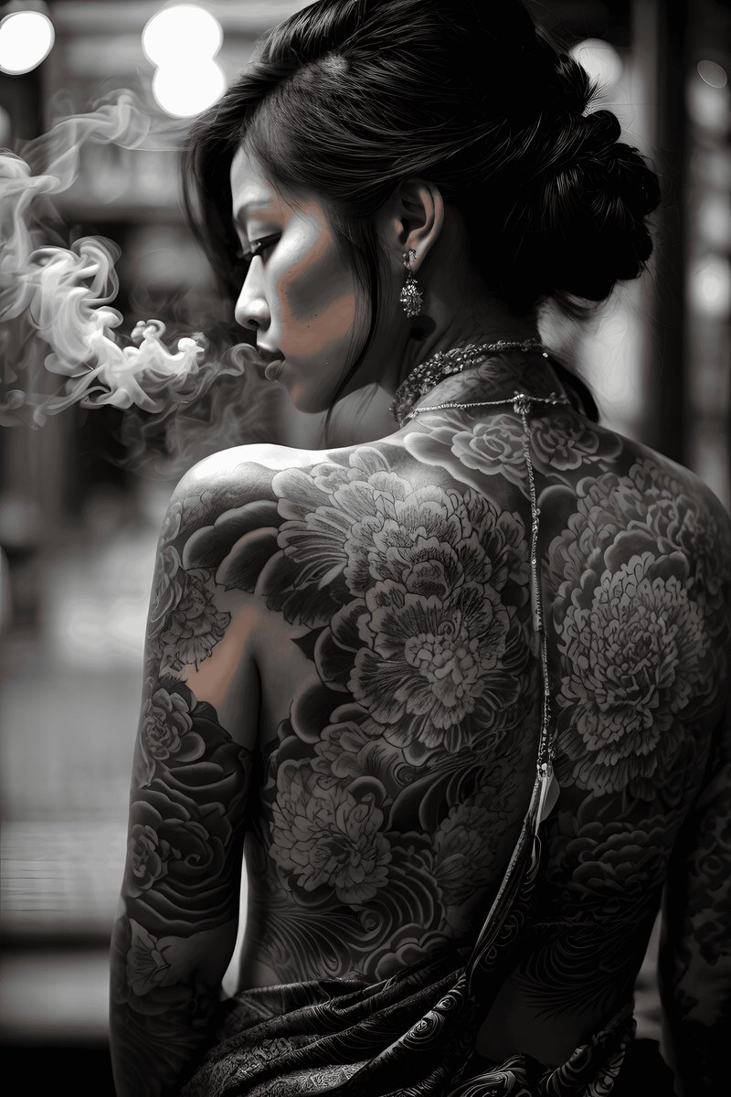 Japanse Tattoo Poster - Japanse Rug Tattoo - Rook - Oriental - Zwart Wit - posters - formaat 70x100cm - Wanddecoratie - L1741MT