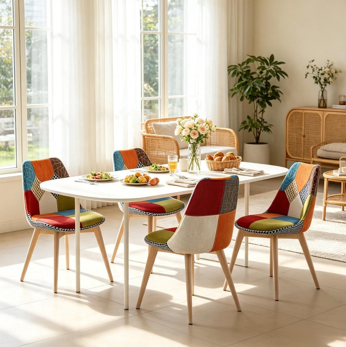MIVRAY Eetkamerstoel - Set Van 4 - Kuipstoelen Met Gewatteerde Zitting - Stof Hout Multicolor
