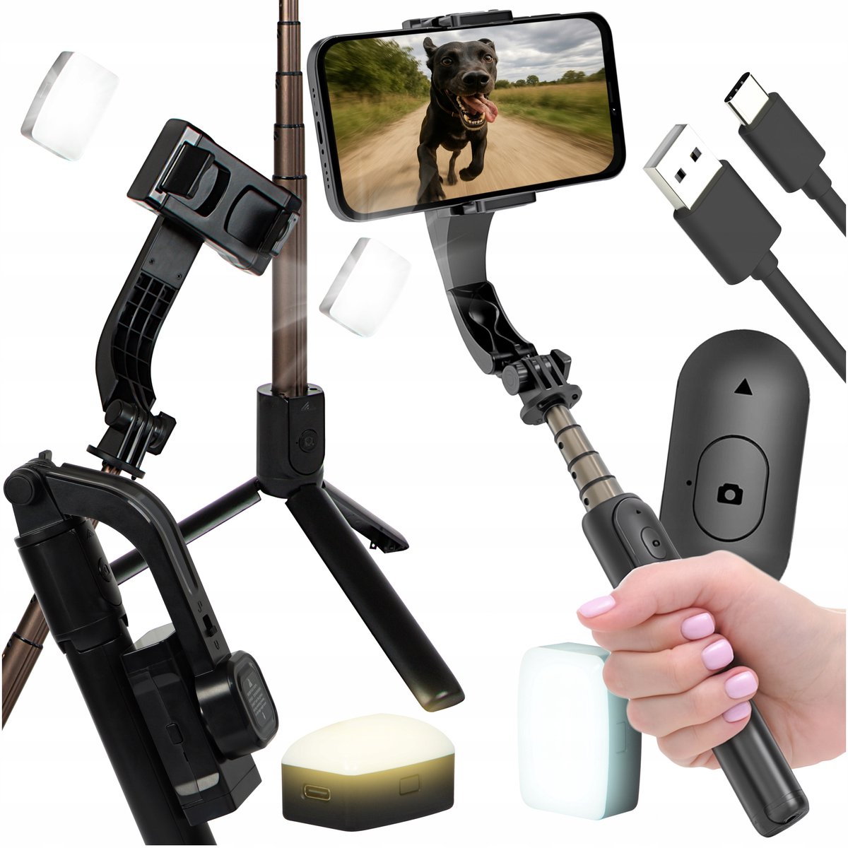 Handmatige Gimbal-stabilisator met magnetische LED-lampen en Bluetooth