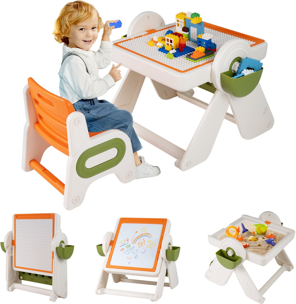 COSTWAY 6-in-1 kindertafel met stoel, schildersezelset inklapbaar en 3-traps in hoogte verstelbaar, schildertafel met omkeerbaar tafelblad, boekenplank en manden, speeltafel voor kinderen vanaf 18