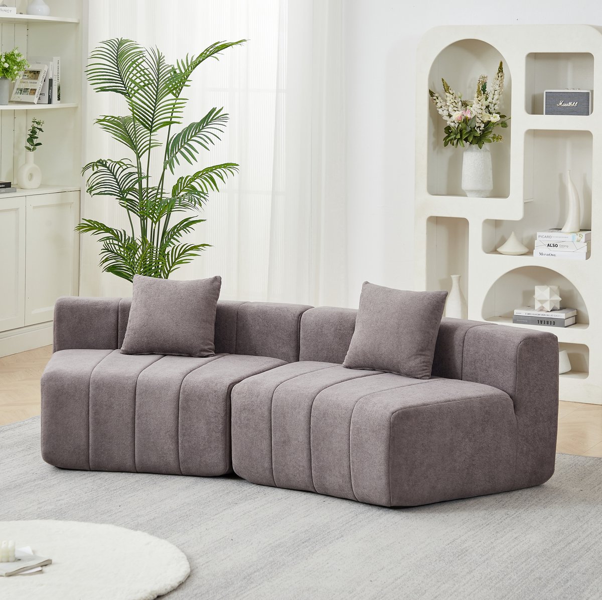 FloraGrace Modulaire Bankmodule – Gebogen Halfrond – Met 2 Kussens En Zonder Montage – Voor Woonkamer, Slaapkamer Of Kantoor – Chenille – Grijs