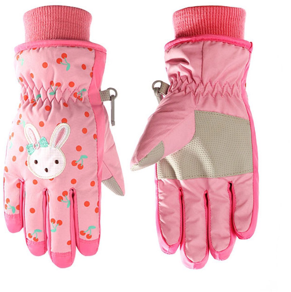 Kinder winter‑ / sneeuwhandschoenen in maat L, roze model met konijnen‑cartoonpatroon, waterdicht en gevoerd met fleece voor extra warmte, geschikt voor buitensporten en snowboarden.