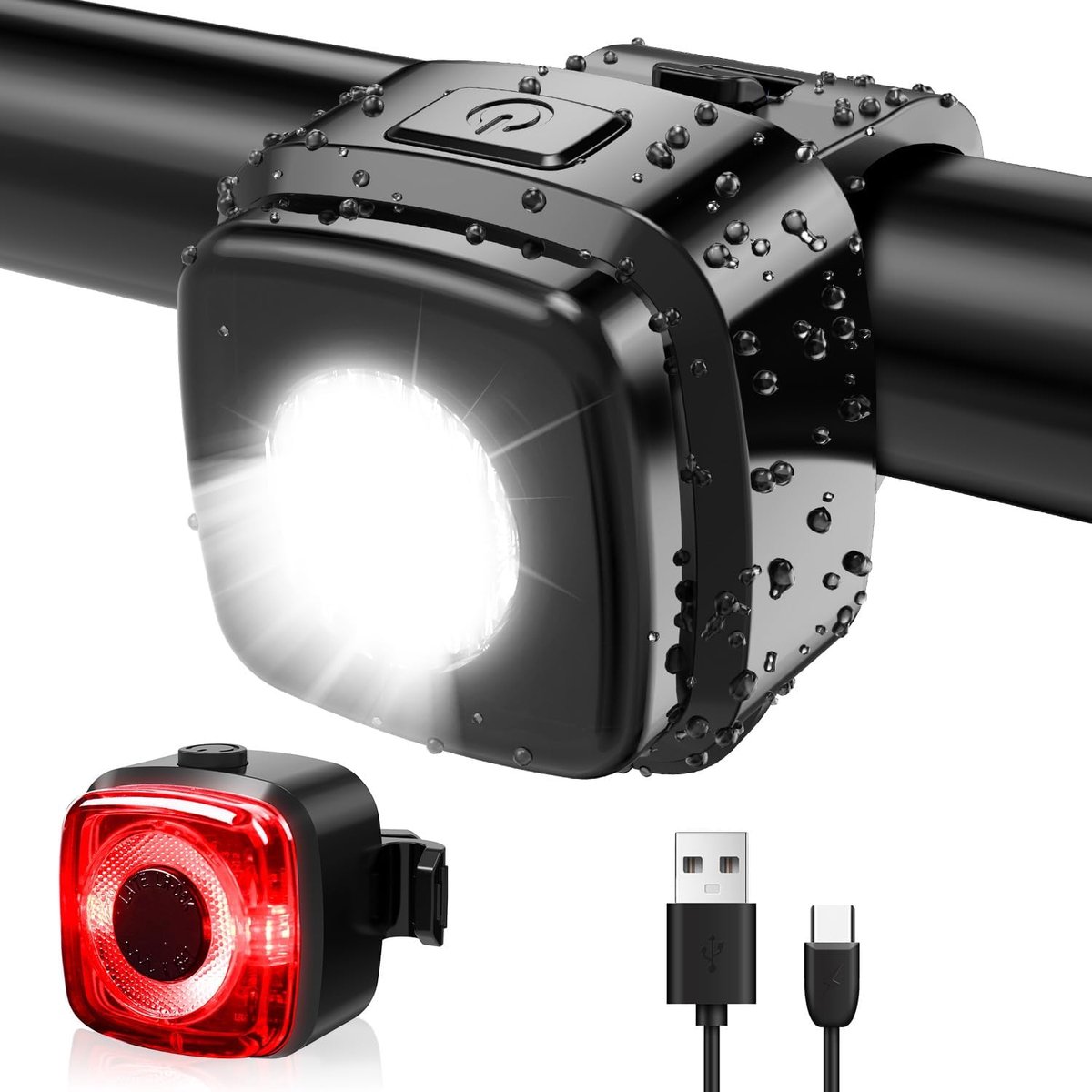 Fietsverlichtingsset, StVZO-goedgekeurde verlichtingsset Led IPX5 voorlicht + achterlicht, fietsverlichtingsset, USB type C