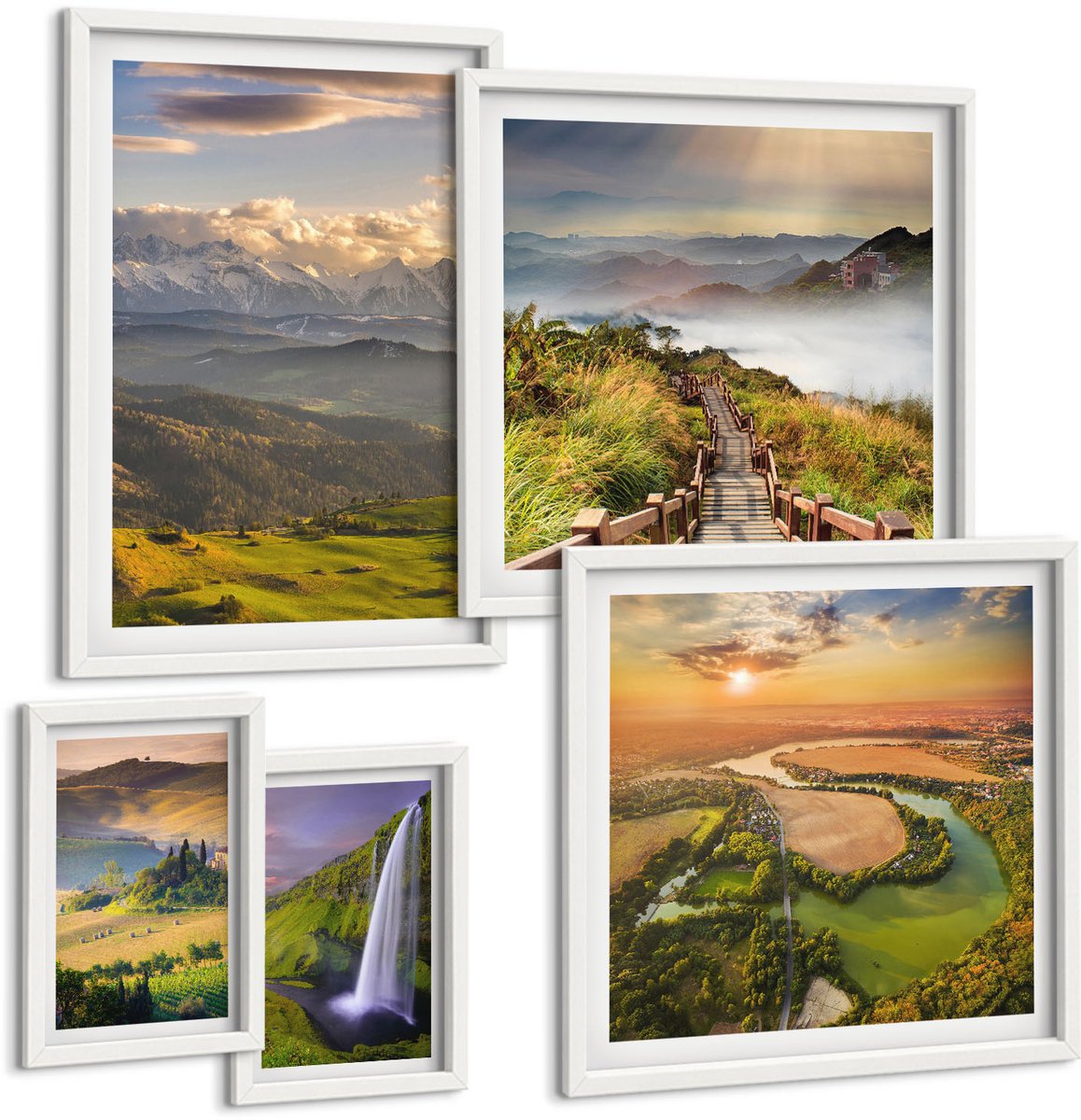 Coloray 5-Delige Schilderij Set - Berglandschappen En Watervallen In Een Schilderachtig Decor. - 50 x 50 cm, 20 x 30 cm En 40 x 60 cm - Moderne Wanddecoratie - Slaapkamer - Decoratieve Schilderijen