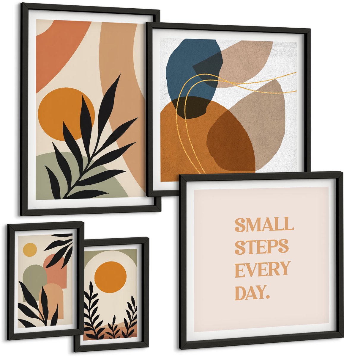 Coloray 5-Delige Schilderij Set - Stijlvolle Afbeeldingen Met Plantmotieven En Abstracte Vormen. - 50 x 50 cm, 20 x 30 cm En 40 x 60 cm - Muurdecoratie - Schilderijen Set - Woonkamer - Stijlvolle Muurdecoratie Zwarte lijst