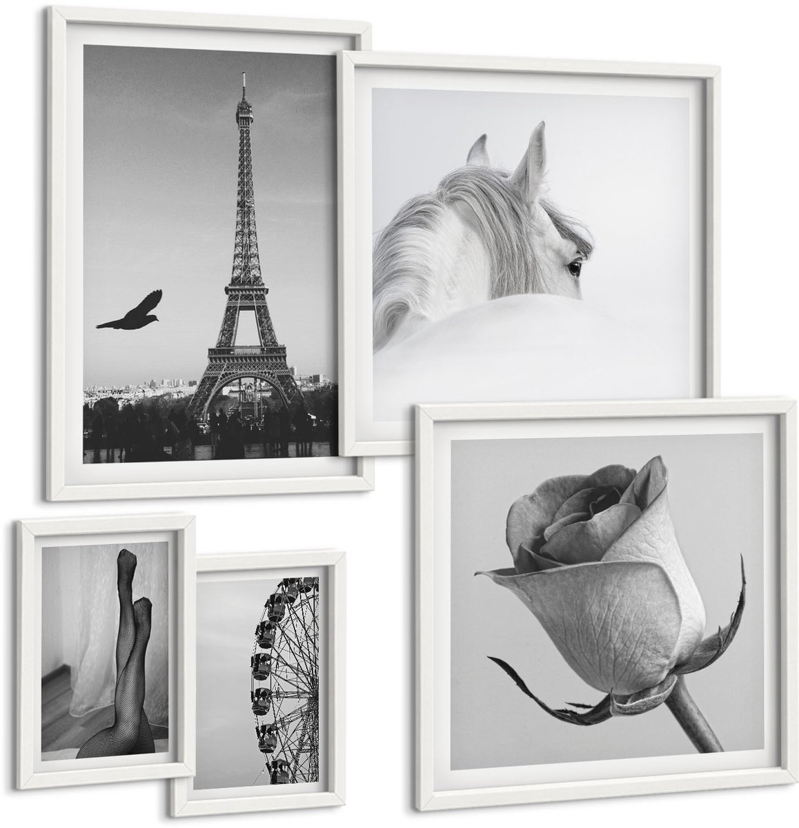 Coloray 5-Delige Schilderij Set - Stijlvolle Zwart-Witfoto'S Met Parijs En Elegantie. - 50 x 50 cm, 20 x 30 cm En 40 x 60 cm - Muurdecoratie - Wanddecoratie - Hal - Decoratieve Schilderijen