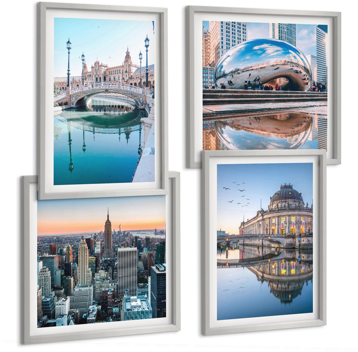 Coloray 4-Delige Schilderij Set - Stadsarchitectuur Met Weerspiegeling In Het Water - 40 x 40 cm En 40 x 60 cm - Decoratieve Muurdecoratie - Slaapkamer - Wanddecoratie