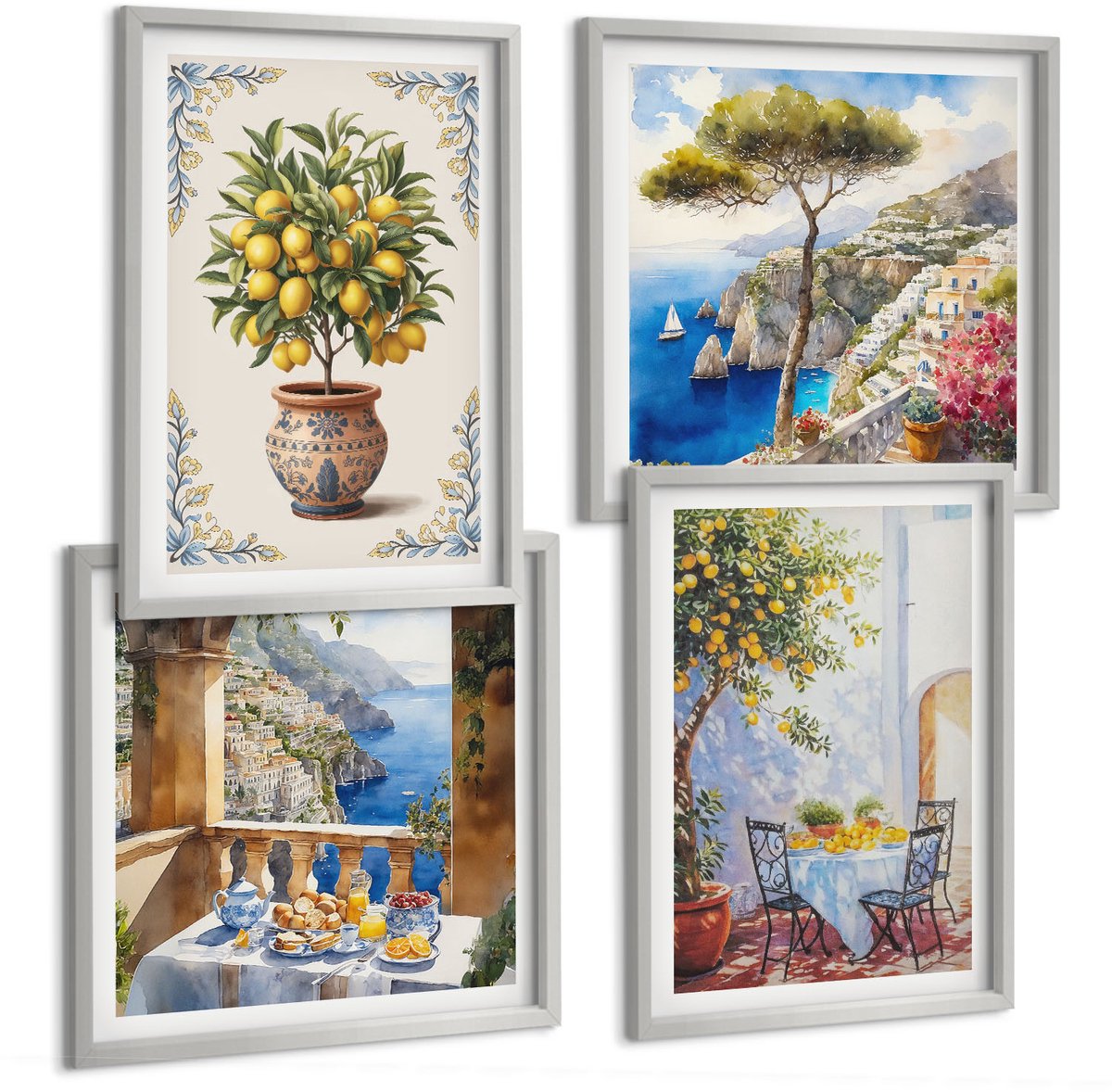 Coloray 4-Delige Schilderij Set - Zeezicht Met Citroenboom En Tuintafel - 40 x 40 cm En 40 x 60 cm - Muurdecoratie - Interieur Decoratie - Decoratieve Schilderijen